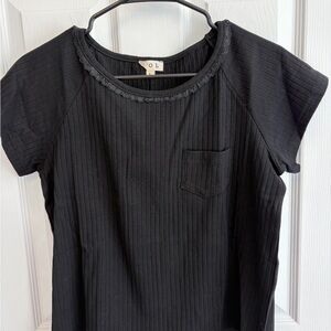 POL Black Ribbed Short-Sleeve Tee with Chest Pocket